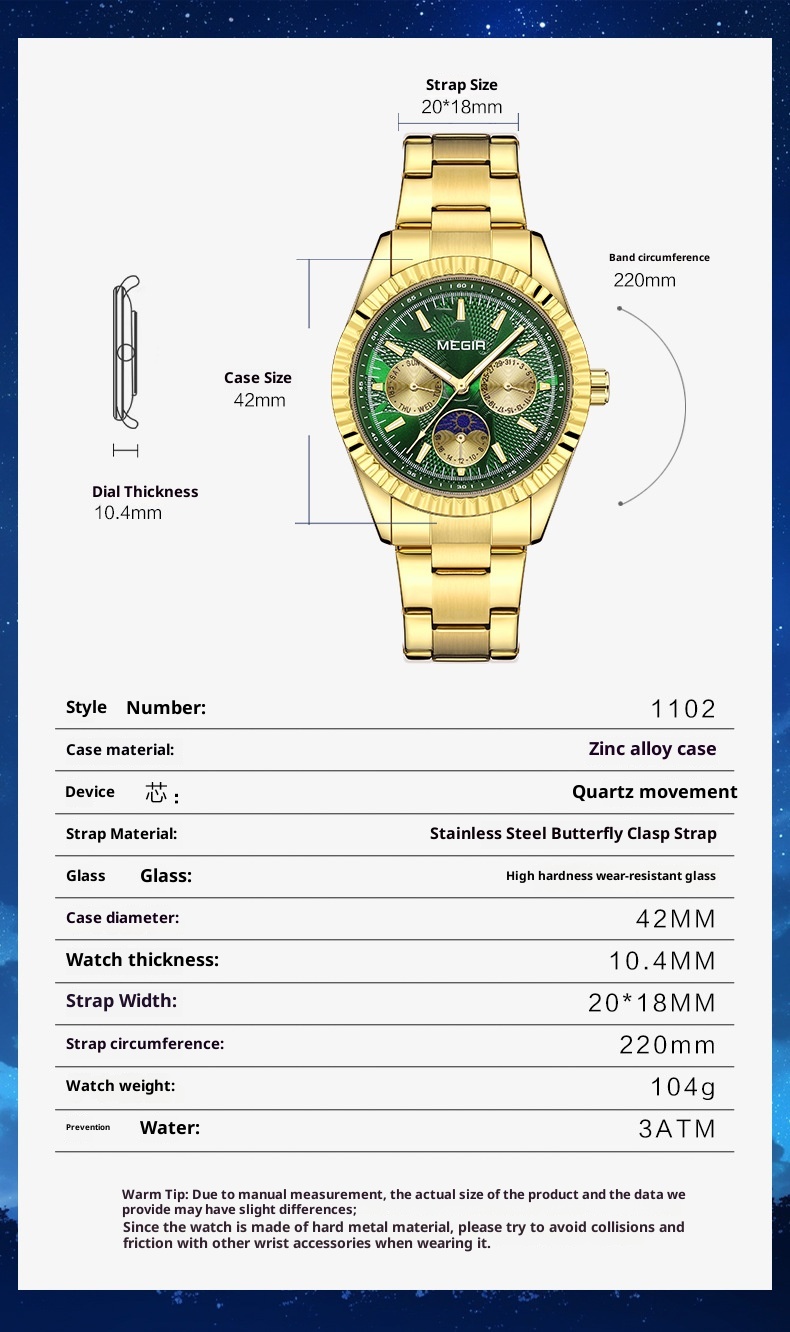 Megir 1102 Lunar Phase Steel-Strap Waterproof Quartz Watch for men