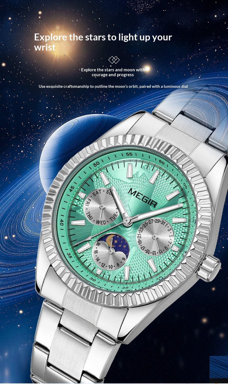 Megir 1102 Lunar Phase Steel-Strap Waterproof Quartz Watch for men