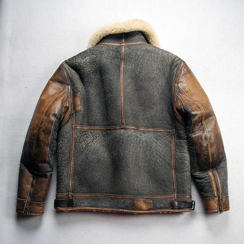 Men's Color Matching Sheepskin Leather Lapel Coat - Image 4