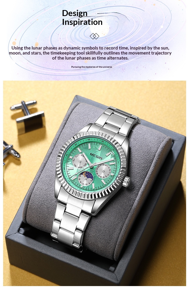 Megir 1102 Lunar Phase Steel-Strap Waterproof Quartz Watch for men