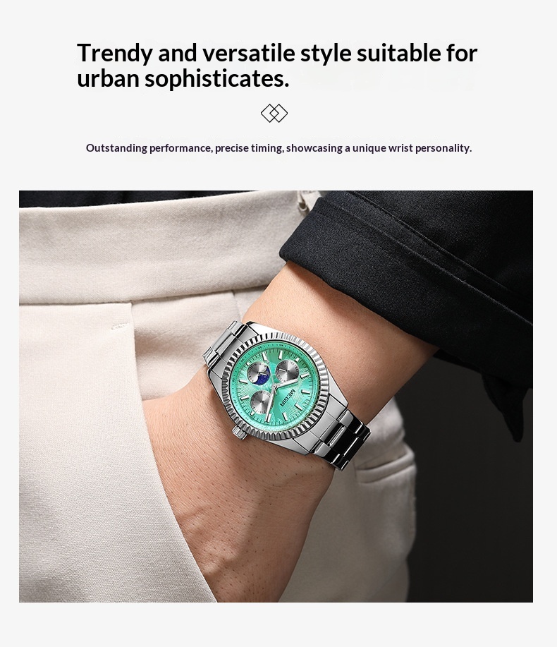 Megir 1102 Lunar Phase Steel-Strap Waterproof Quartz Watch for men