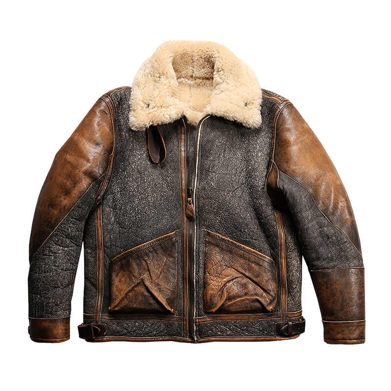 Men's Color Matching Sheepskin Leather Lapel Coat - Image 1