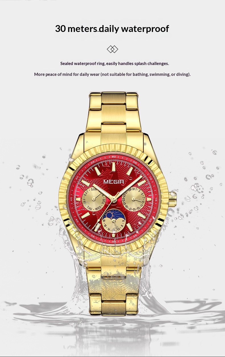 Megir 1102 Lunar Phase Steel-Strap Waterproof Quartz Watch for men