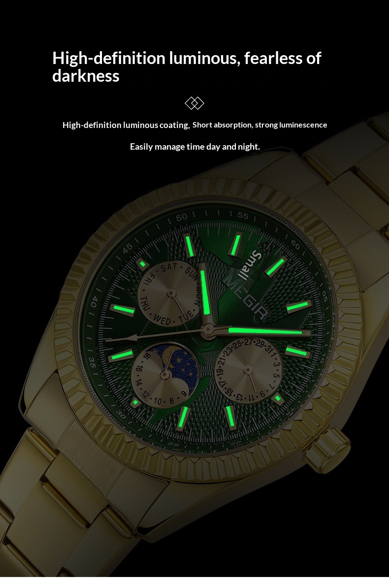 Megir 1102 Lunar Phase Steel-Strap Waterproof Quartz Watch for men