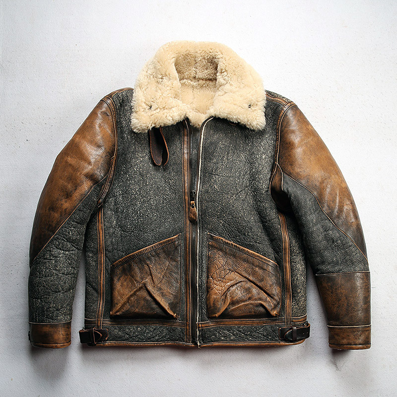 Men's Color Matching Sheepskin Leather Lapel Coat - Image 3