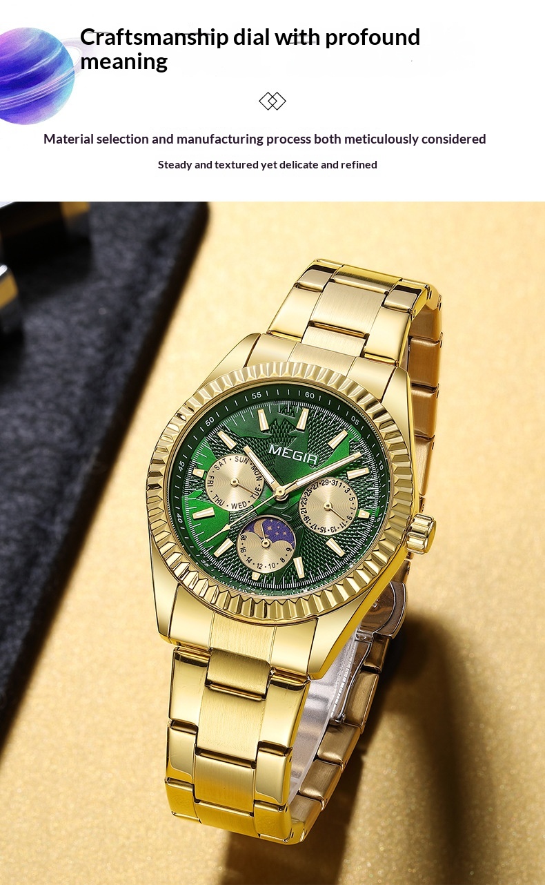 Megir 1102 Lunar Phase Steel-Strap Waterproof Quartz Watch for men