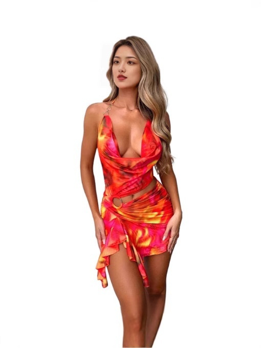 Women's Fashionable And Sexy Halter-Neck V-Neck Mesh Printed Dress - Image 4