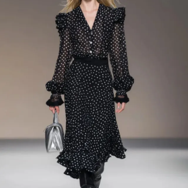 Retro Vacation Polka Dot Black Chiffon Long sleeved Shirt And Skirt Set Black - Shop at LoveMi