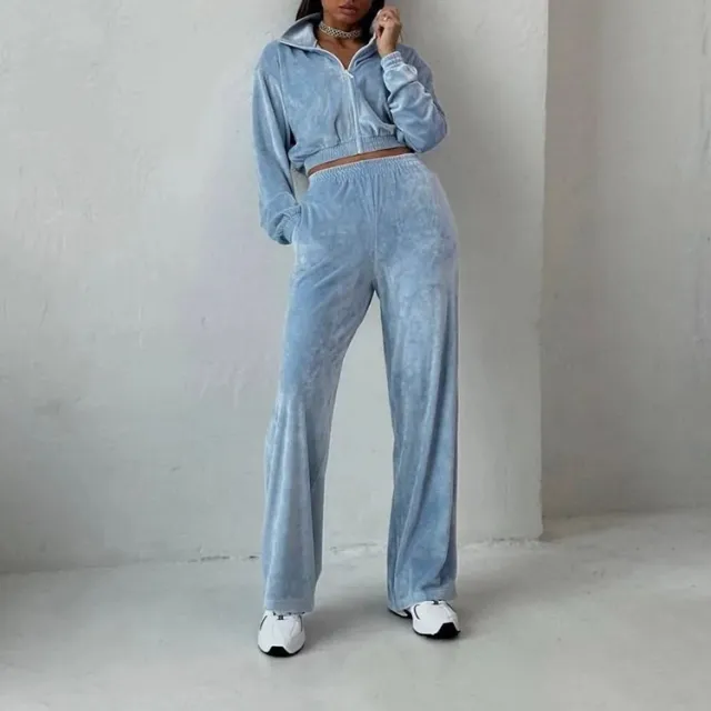 Fashion Women's Long sleeve Lapel Zip up Cardigan Hoodie Fleece Sweater Trousers Blue - Shop at LoveMi