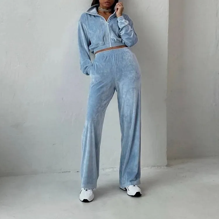 Fashion Women's Long-sleeve Lapel Zip-up Cardigan Hoodie Fleece Sweater Trousers - Blue