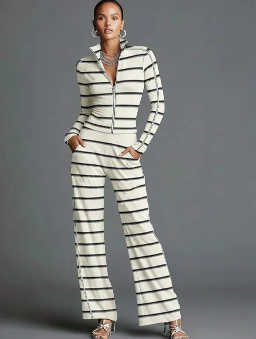 Sporty Retro Off White Striped Knit Zipper Top And Wide Leg Pants Set - White