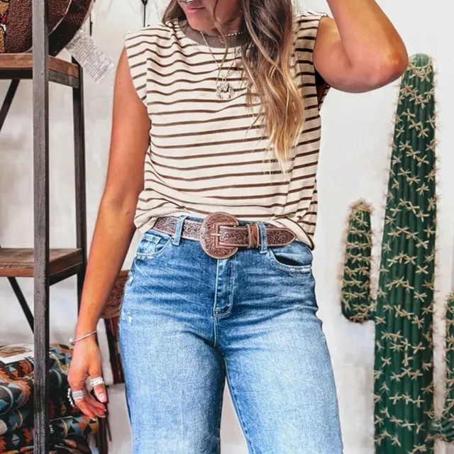 Women's Casual Simple Crew Neck Striped Pullover Top Brown - Shop at LoveMi