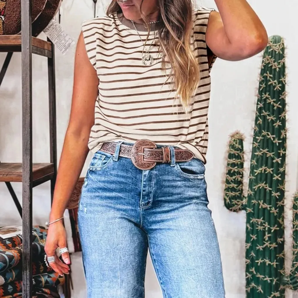 Women's Casual Simple Crew-Neck Striped Pullover Top - Brown