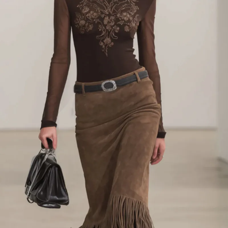 High-neck Embroidered Long-sleeved T-shirt And Faux Suede Tassel Skirt Set - Red
