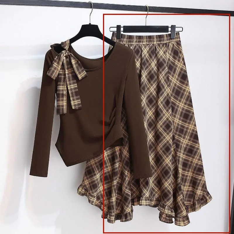 Irregular-shoulder Long-sleeve Top With A Plaid Skirt - Brown