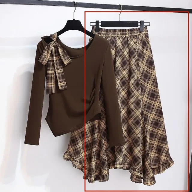 Irregular shoulder Long sleeve Top With A Plaid Skirt Brown - Shop at LoveMi