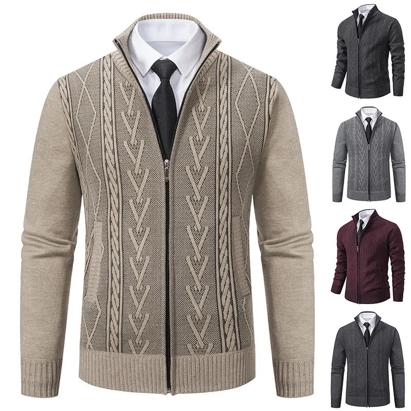 Casual Stand-up Collar Sweater Fashion Jacquard Zip-up Knitted Cardigan