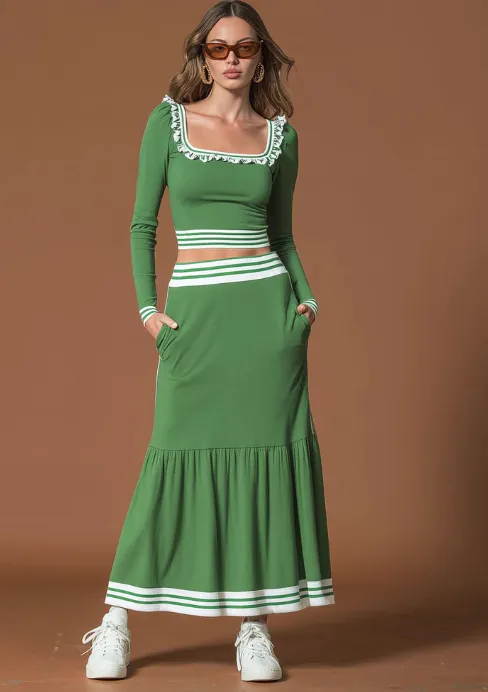Sporty Retro Striped Square Neck Ruffled Green Cotton T Shirt And Skirt Set - Green