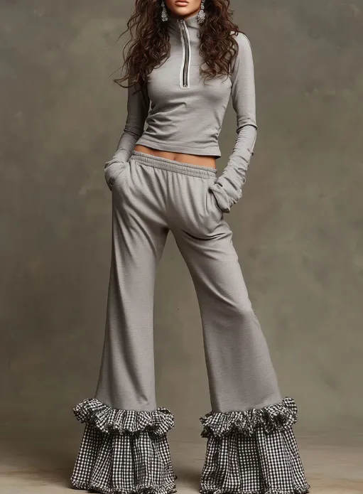 Fashionable Sporty Grey Half zip Top With Plaid Ruffled Flared Pants Set Red - Shop at LoveMi
