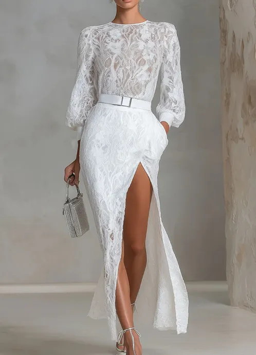 Elegant Round neck Lace Long sleeved Top And Slit Lace Skirt Set White - Shop at LoveMi