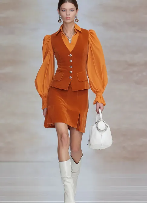 Fashionable Retro Long sleeved Chiffon Orange Velvet Shirt And Skirt Set Orange - Shop at LoveMi