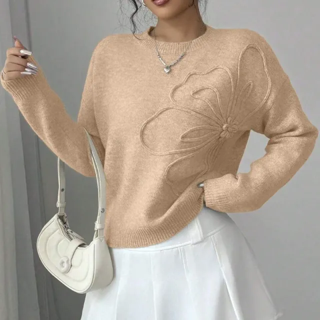 Fashionable All match Casual Flower Round Neck Sweater Women's Sweater Champagne Xl - Shop at LoveMi