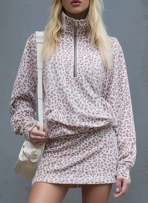 Loose Fitting Leopard Print Stand Collar Zip Up Top And Velvet Skirt Set Tan - Shop at LoveMi