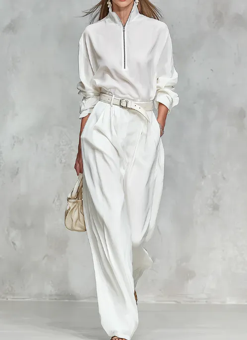 Elegant Zip Up Collar Long Sleeved Shirt And Wide Leg Pants Set White - Shop at LoveMi