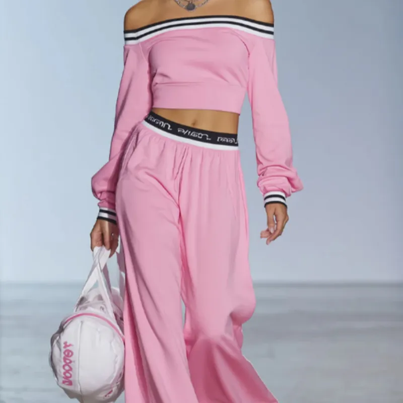 Sporty Style Boat Neck Long Sleeved Top And Wide Leg Pants Set - Pink