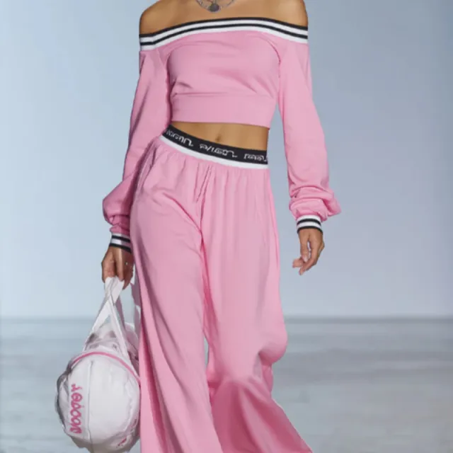 Sporty Style Boat Neck Long Sleeved Top And Wide Leg Pants Set Pink - Shop at LoveMi