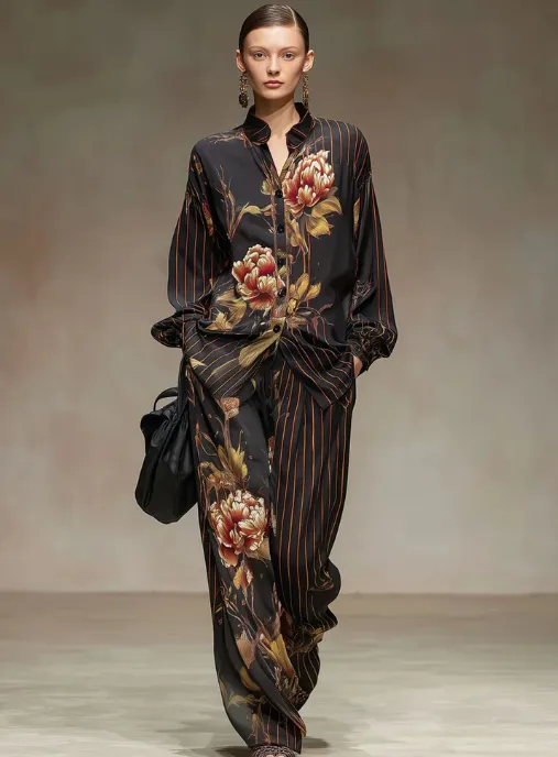 Retro Striped Peony Print Black Chiffon Long Sleeved Shirt And Wide Leg Pants Set Black - Shop at LoveMi