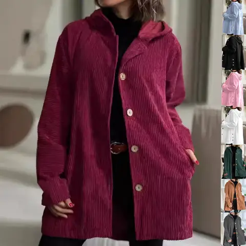women s corduroy hooded jacket fashion warm pockets button mid length