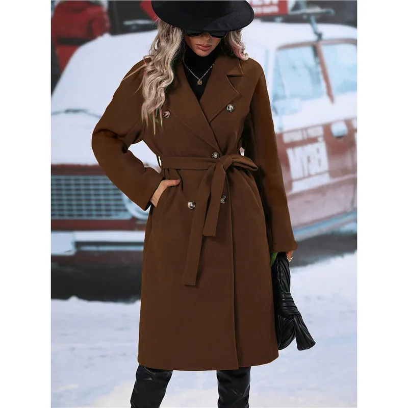 Lapel Double-breasted Trench Coat With Belt Winter Fashion Solid Colour Long Jacket Outwear Women Clothing - Brown