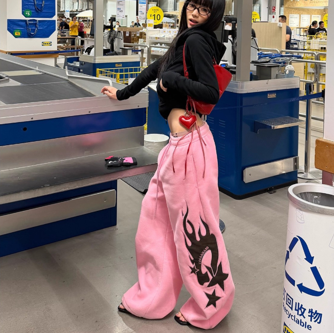 Flame-patterned Casual Loose-fitting Pants