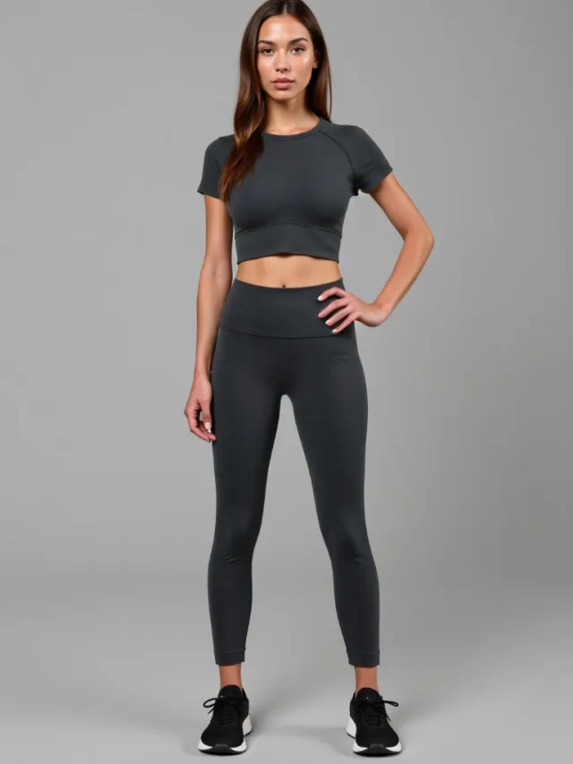 New Solid color Athletic Yoga Short sleeve Tight Two piece Set Gray - Shop at LoveMi