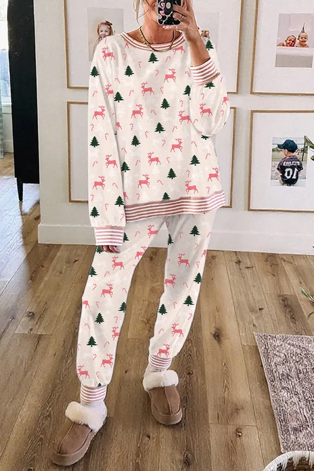 Women's Autumn And Winter Christmas Printed Long sleeved Trousers Pajamas Home Wear Pink - Shop at LoveMi