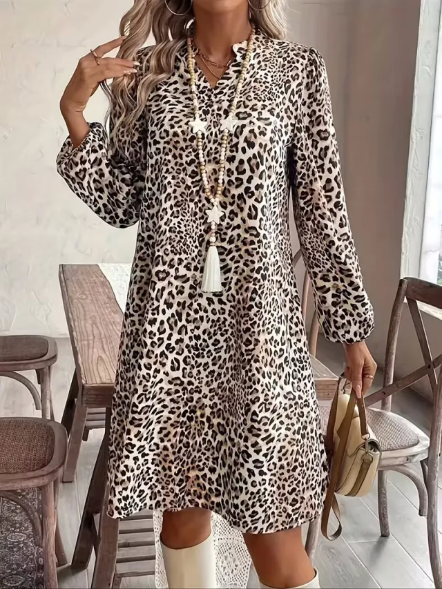Womens Casual Printed V Neck Long Sleeve Dress Leopard - Shop at LoveMi