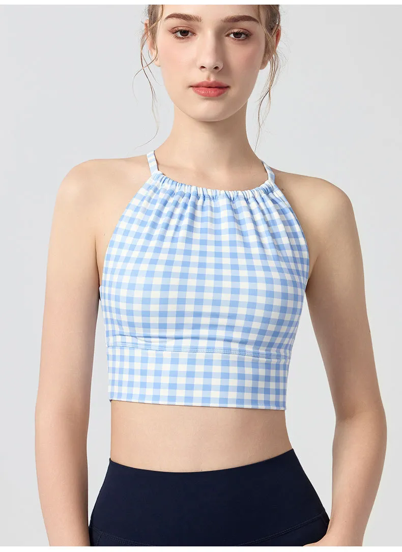 Womens Polka-Dot Plaid Printed Halterneck Tank Top With Cross-Over Design - Blue