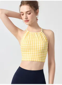 Womens Polka-Dot Plaid Printed Halterneck Tank Top With Cross-Over Design - Yellow - View 1