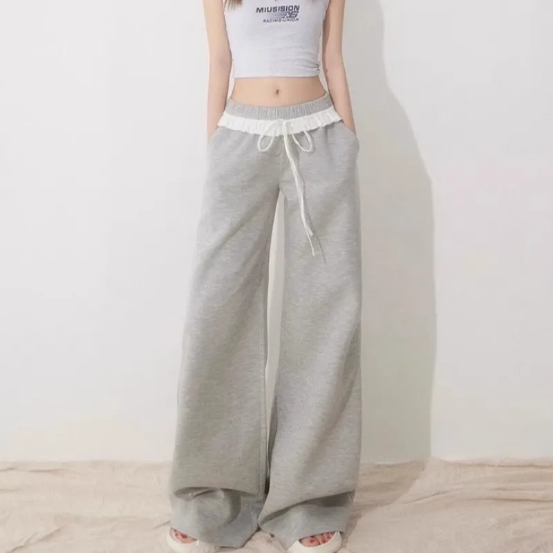 Womens High-waisted Straight-leg Pants With Lace Trim And Patchwork - Tan