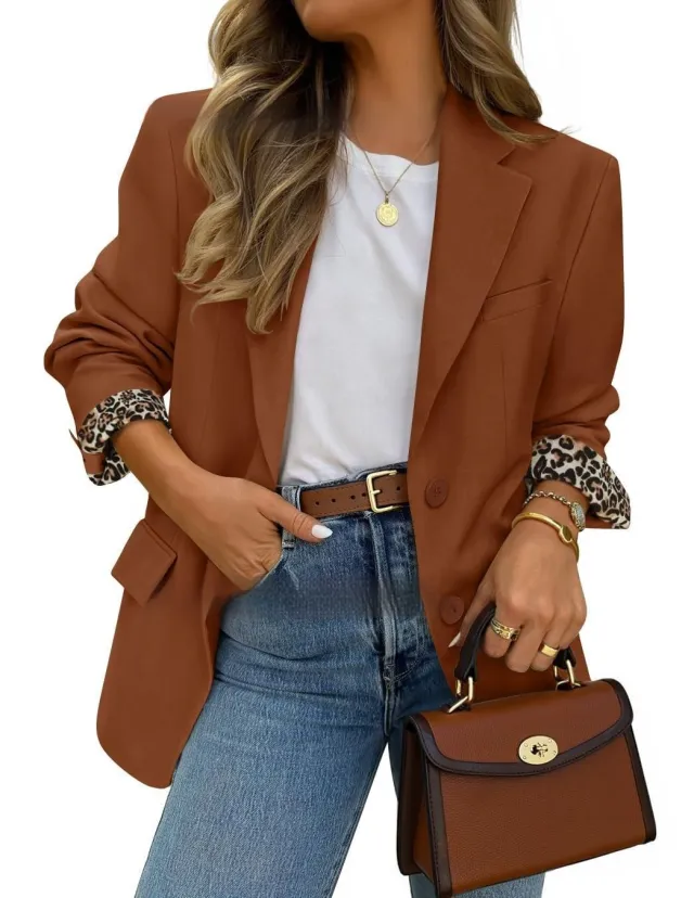 Womens Solid Color Cuff Contrasting Leopard Print Lapel Fashion Jacket Brown - Shop at LoveMi
