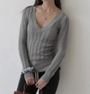 V neck Spicy Girl style Long sleeve Sweater With A Regular Shoulder Line Gray - Shop at LoveMi