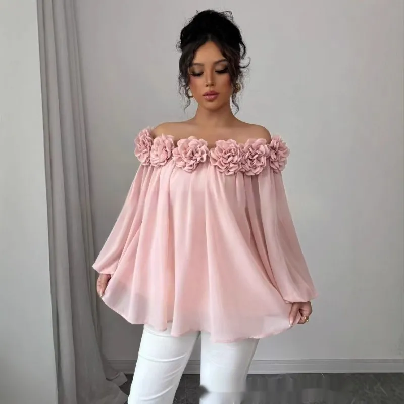 Backless 3D Floral Puffy Tube Top With A Strapless Neckline - Pink