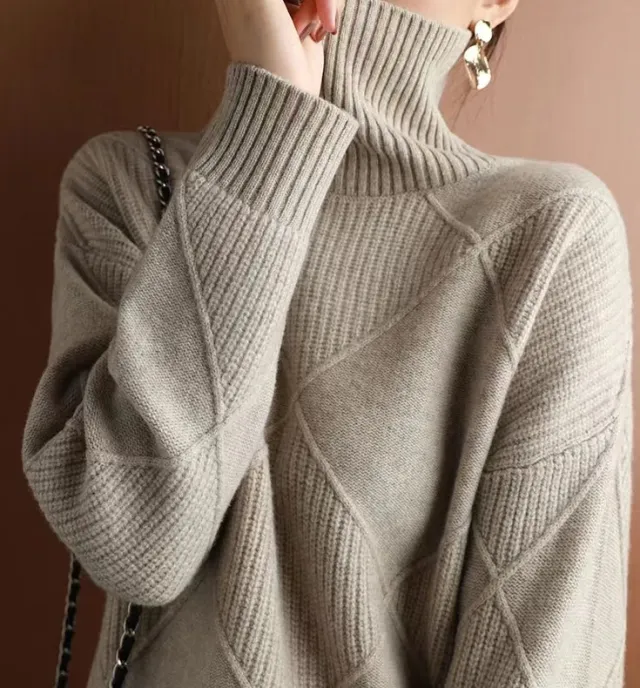 Loose High Collar Warm Sweater Solid Color Knitted Women Camel - Shop at LoveMi