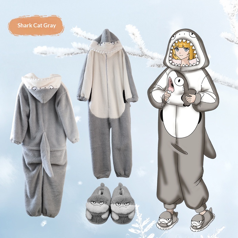 Anime Cartoon Funny Shark And Cat Onesie Pajamas Cute Cozy Loungewear Set