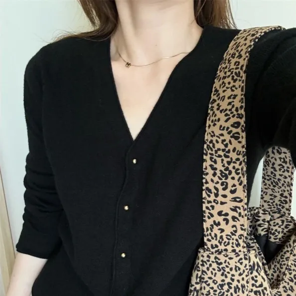 Autumn Womens Knitted Cardigan Cropped Relaxed fit Top Black - Shop at LoveMi