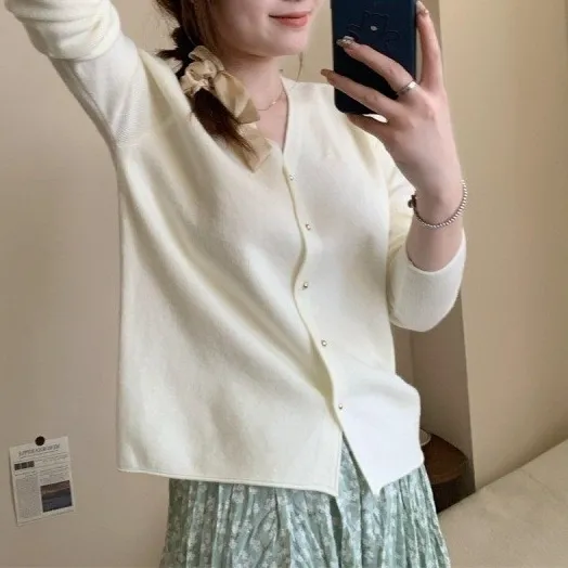 Autumn Womens Knitted Cardigan Cropped Relaxed fit Top Beige - Shop at LoveMi