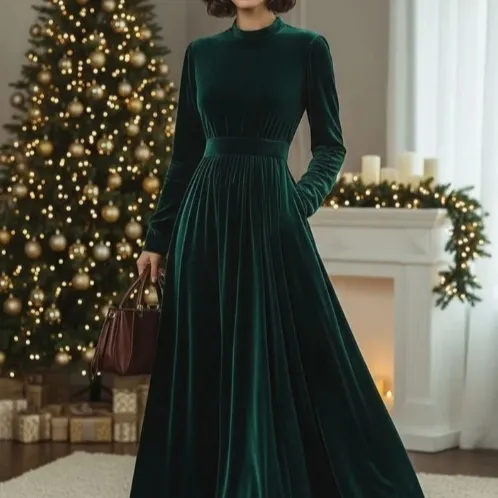 Stand Collar Loose Party Pocket Solid Velvet Long Sleeve Maxi Dress - Tan