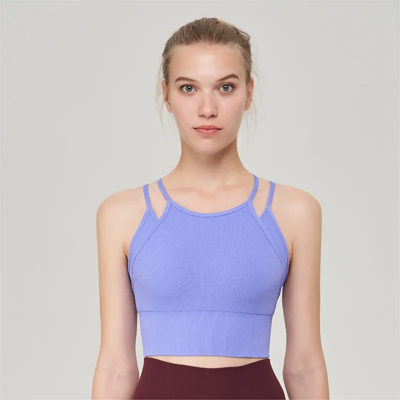 New Womens Sports Bra With A Faux Two-piece Design And Thin Shoulder Straps - Lavender