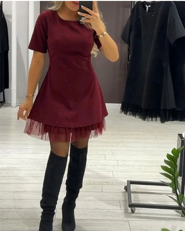 Women's Round Neck Short Sleeve Rhinestone Slimming Lace Trim Dress Red - Shop at LoveMi